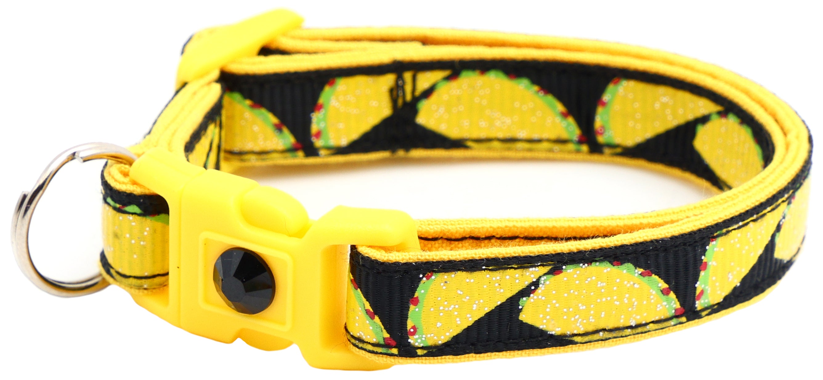 Handmade Taco Breakaway Cat Collar in reinforced cotton with breakaway clips and customizable features.